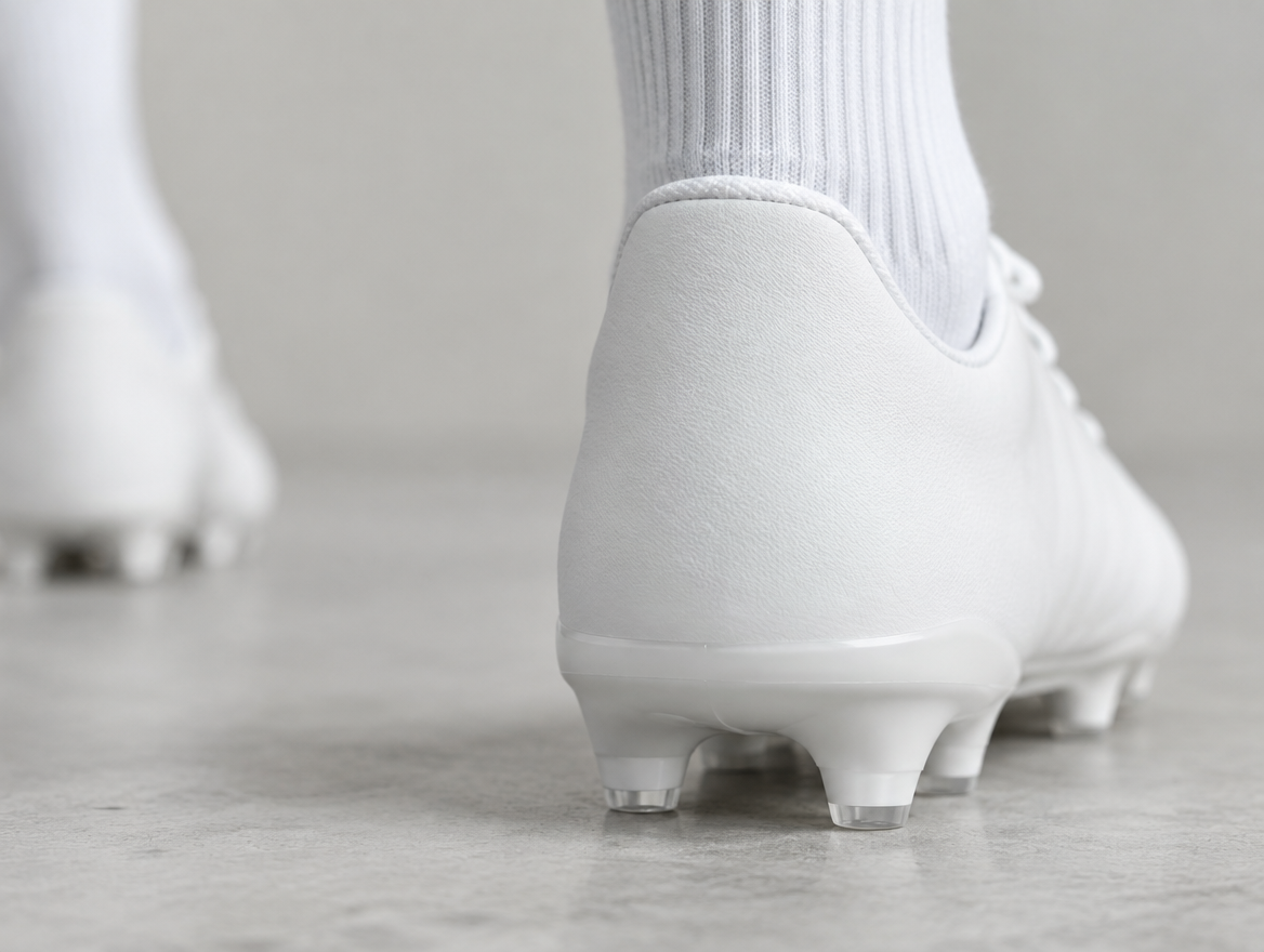 Name sticker on the heel of a white football boot